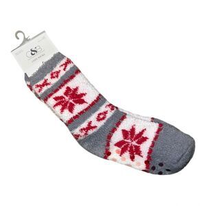 Christopher & Banks Womens Gray Red Fair Isle Ankle Grip Cozy Socks Sz 4-10 NWT